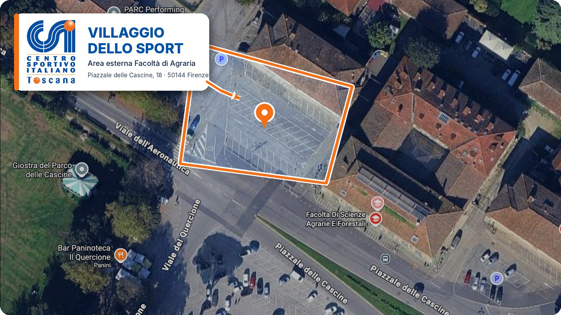 Mappa del Villaggio Sportivo CSI alle Cascine con campi e principali punti di interesse