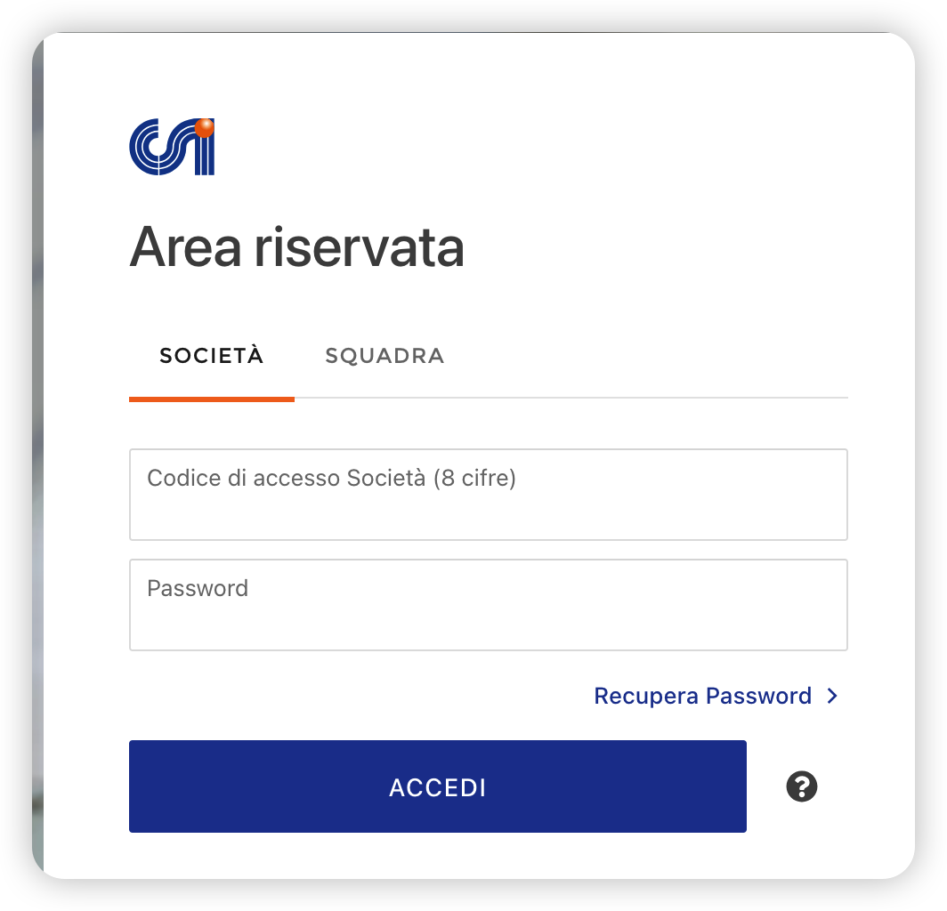 Scheda Società con codice di accesso di 8 cifre e password