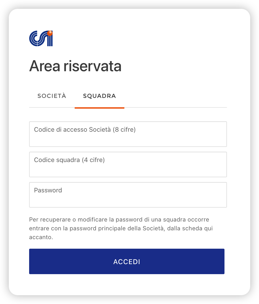 Scheda Squadra con codice società, codice squadra e password dedicata