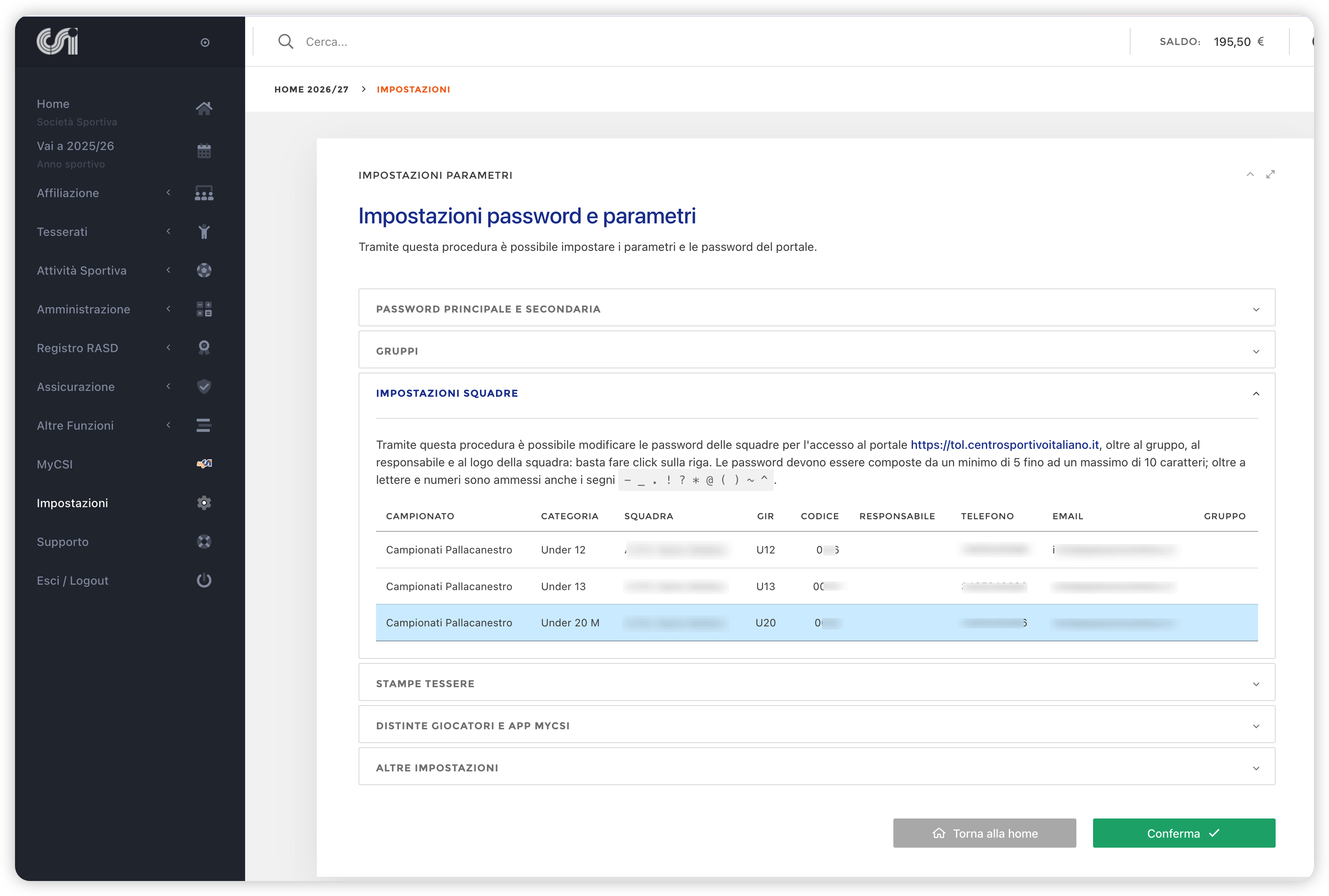 Impostazioni password e parametri con sezione Impostazioni squadre aperta